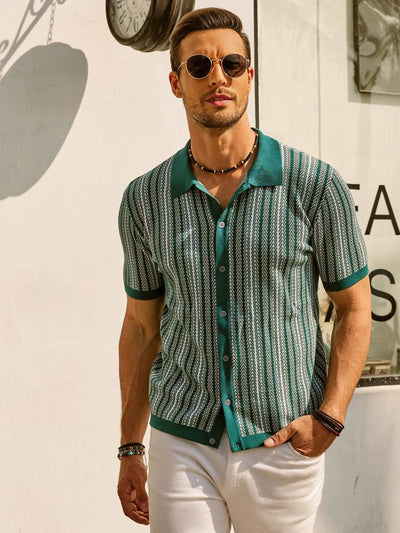 ALVARO|Polo para hombre – Corte ajustado – Rayas retro – Botones – Manga corta transpirable