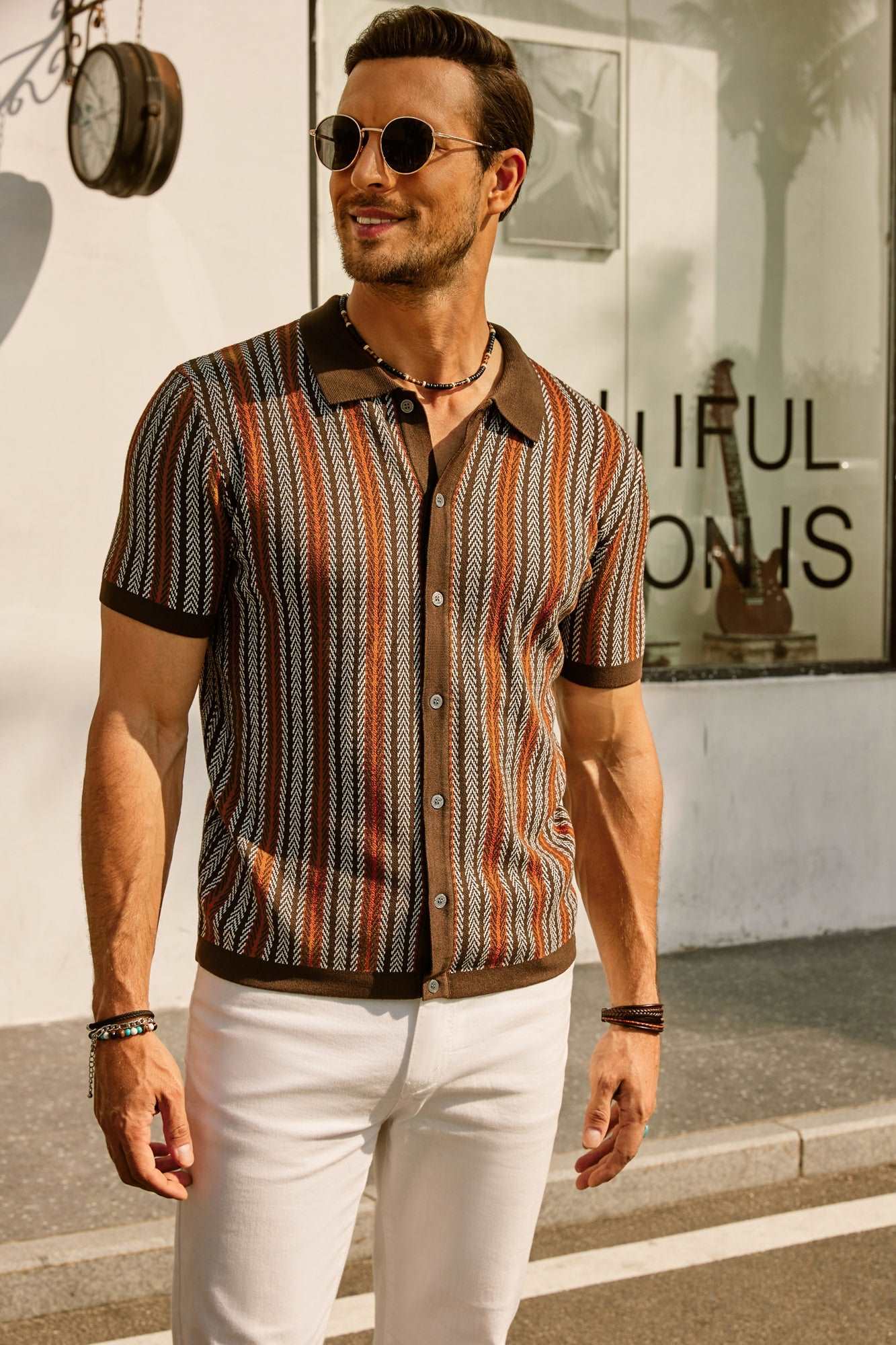 ALVARO|Polo para hombre – Corte ajustado – Rayas retro – Botones – Manga corta transpirable