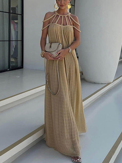 JANA| Vestido maxi con detalles trenzados y hombros descubiertos – Estilo veraniego elegante