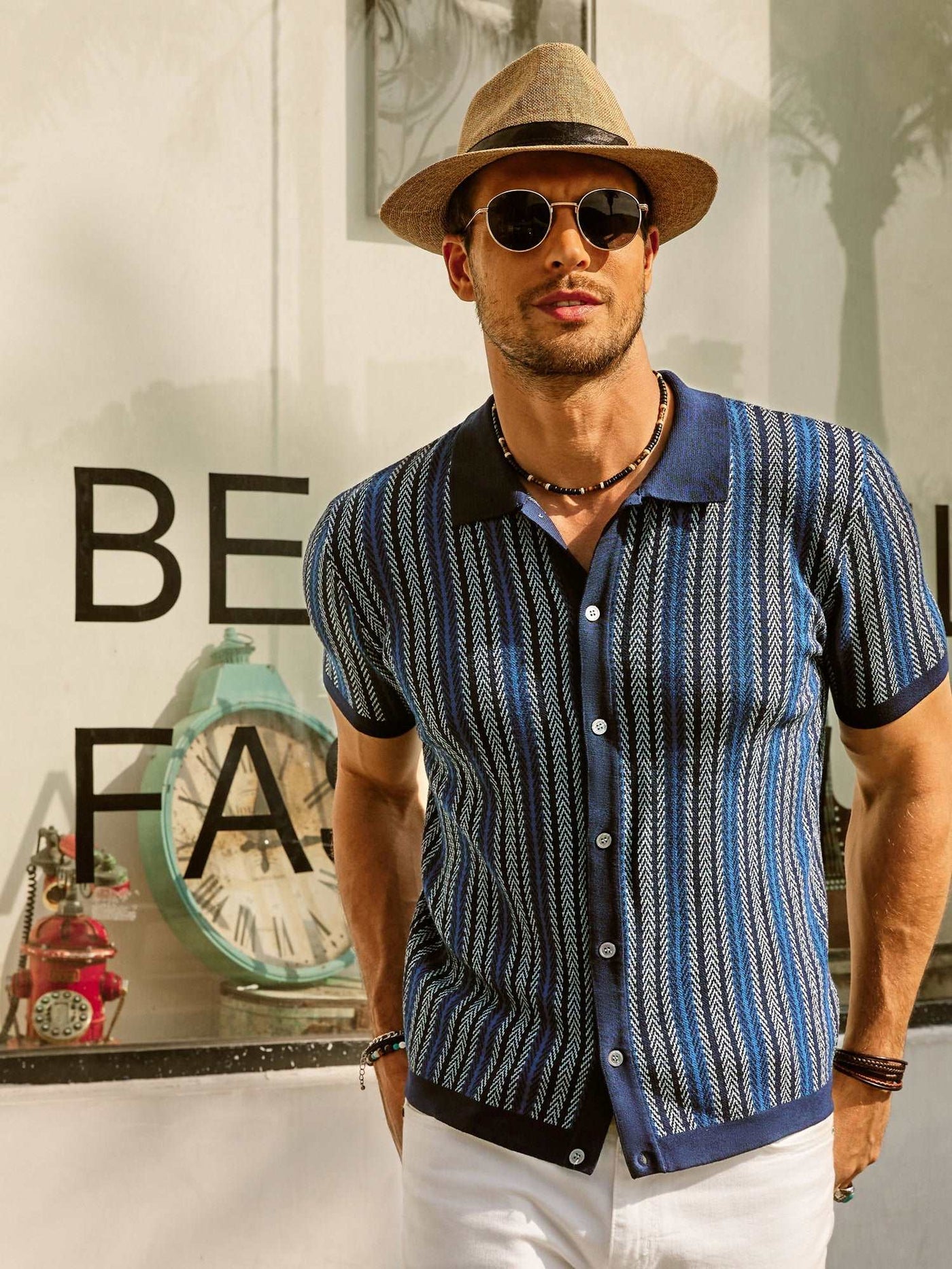 ALVARO|Polo para hombre – Corte ajustado – Rayas retro – Botones – Manga corta transpirable