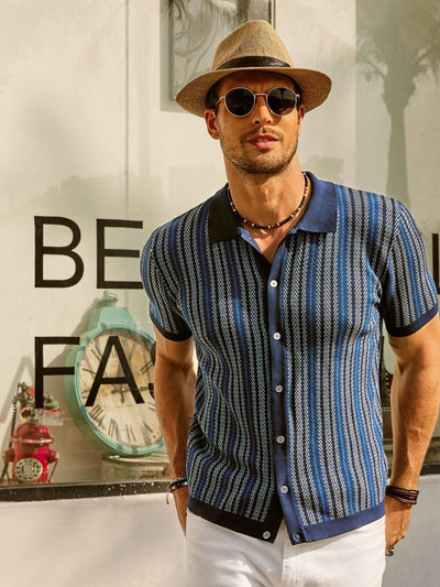 ALVARO|Polo para hombre – Corte ajustado – Rayas retro – Botones – Manga corta transpirable