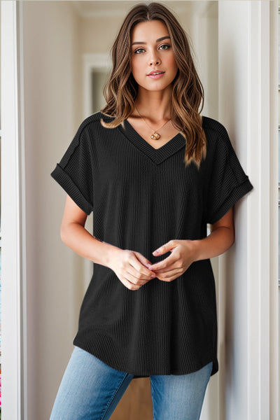Blusa de mujer - Tejido texturizado - Cuello en V - Manga corta - Corte holgado