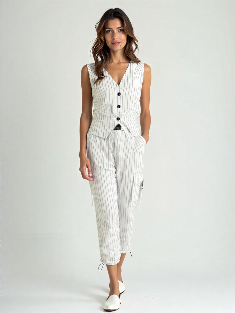 AINARA| Conjunto de dos piezas con chaleco y pantalón a rayas para mujer.