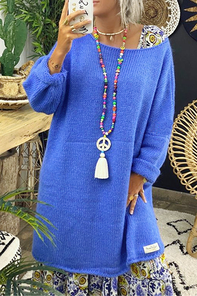 Casual & Stylish Classic Solid Patchwork Slit O Neck Tops Sweater