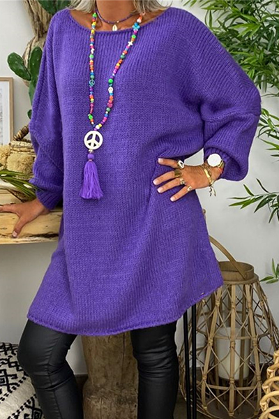 Casual & Stylish Classic Solid Patchwork Slit O Neck Tops Sweater