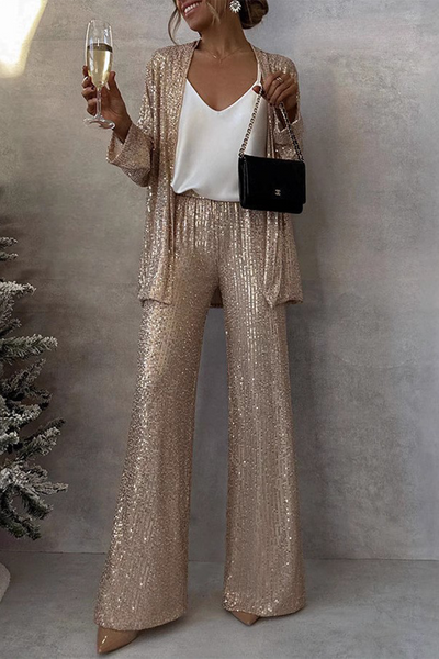 Carla - Elegante conjunto de chaqueta abierta de lentejuelas y pantalón ancho