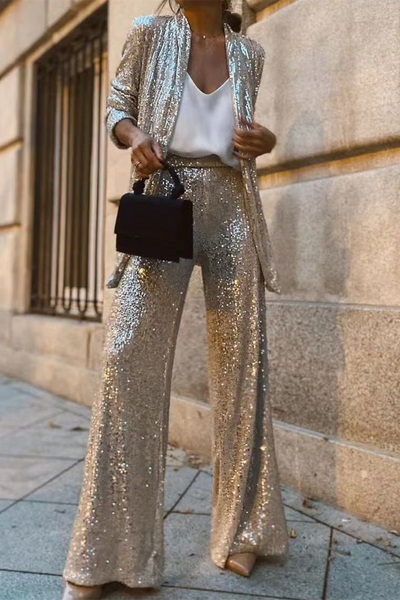Carla - Elegante conjunto de chaqueta abierta de lentejuelas y pantalón ancho