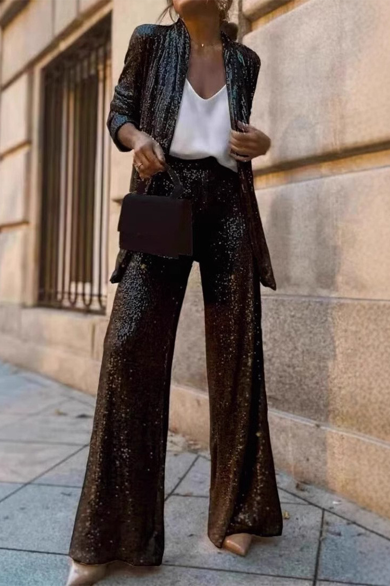 Carla - Elegante conjunto de chaqueta abierta de lentejuelas y pantalón ancho
