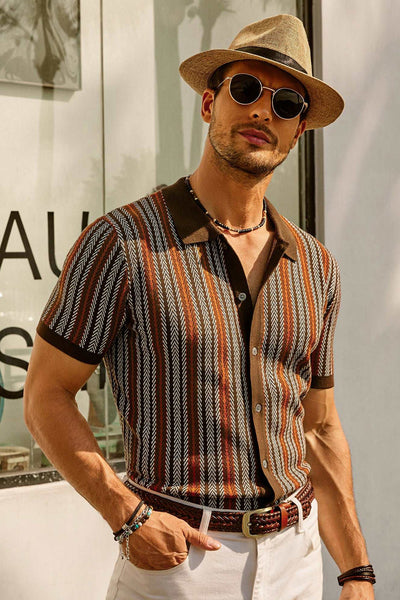 ALVARO|Polo para hombre – Corte ajustado – Rayas retro – Botones – Manga corta transpirable