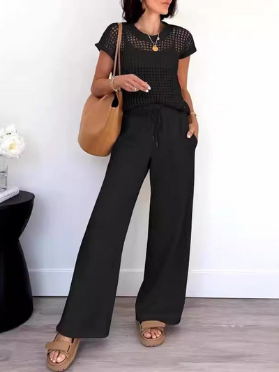 ALICIA- Top de punto abierto de estilo casual y pantalón de pata ancha