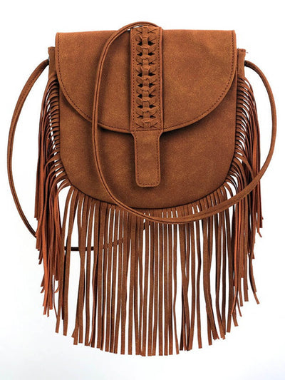BOLSO BANDOLERA DE CUERO SEMICIRCULAR CON BORLAS