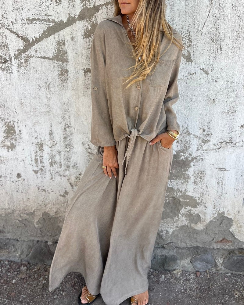 Conjunto elegante de verano para mujer con pantalón amplio y blusa de manga larga abotonada