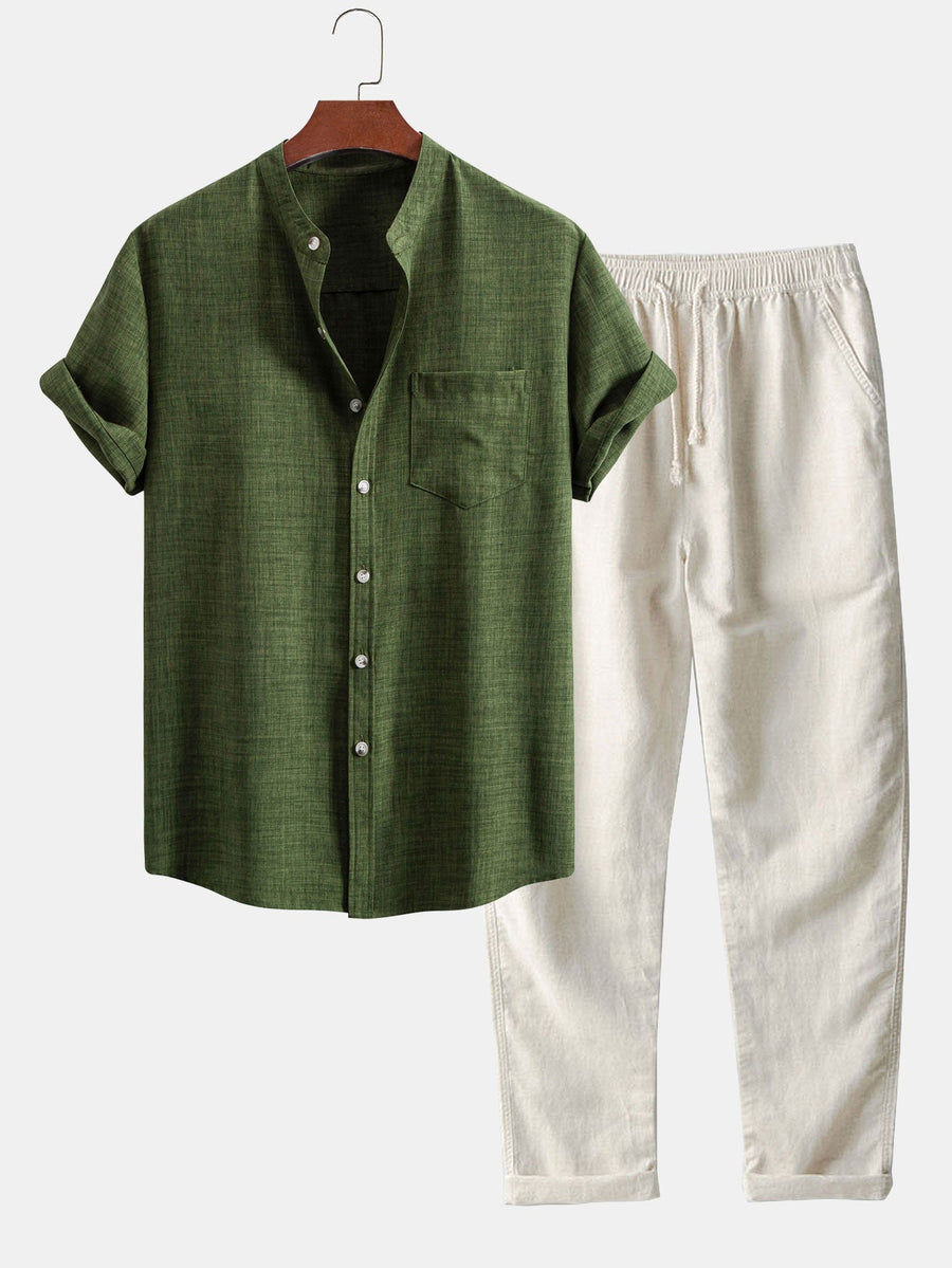 ALEX| Conjunto para hombre con camisa de cuello mao de manga corta y pantalón recto casual