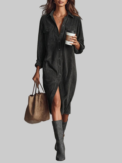 TANIA| Vestido midi holgado de pana gris con doble bolsillo en el pecho