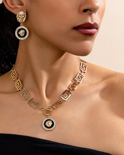 Conjunto de collar y pendientes con cabeza de león vintage