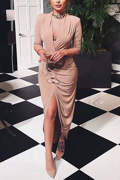 ROSANA| Vestido elegante de manga larga con escote en V y falda asimétrica para un estilo sofisticado