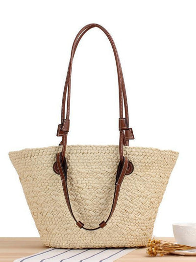 BOLSO CASUAL TOTE DE PAJA NATURAL CON ASAS EN CUERO VEGANO