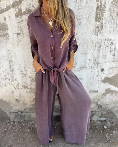 Conjunto elegante de verano para mujer con pantalón amplio y blusa de manga larga abotonada