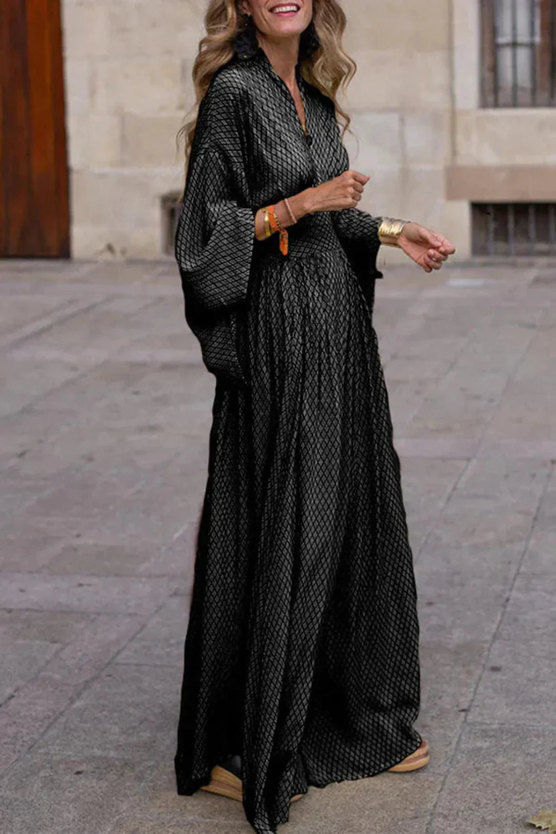 ANA|Vestido Largo Fluido con Estampado Geométrico – Elegancia Atemporal