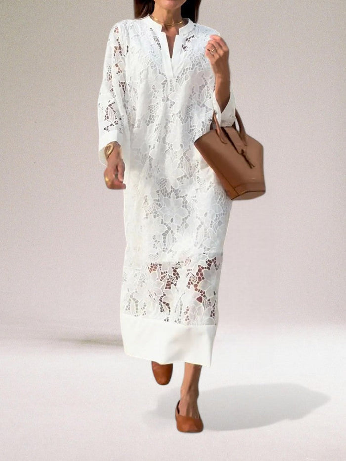 ALBA|Vestido largo elegante con detalles calados de inspiración clásica