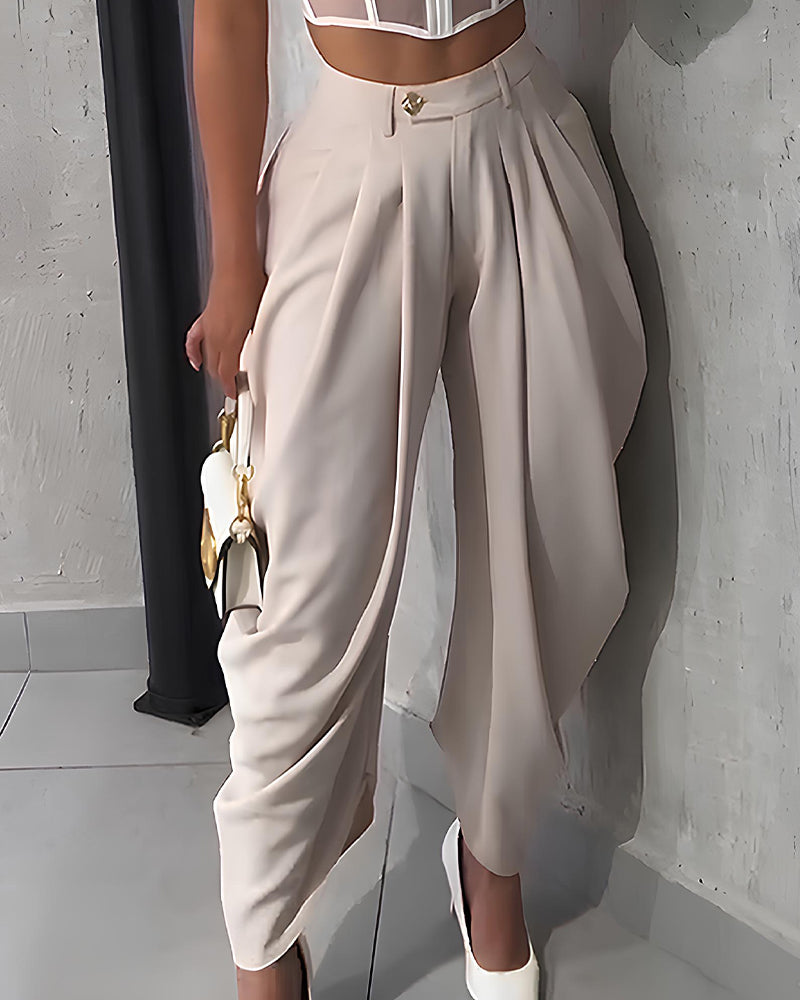 Pantalones casuales de cintura alta, sueltos, fruncidos e irregulares