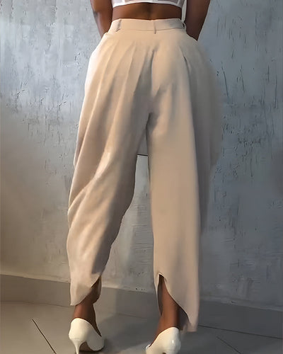 Pantalones casuales de cintura alta, sueltos, fruncidos e irregulares