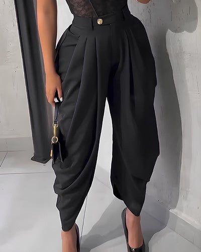Pantalones casuales de cintura alta, sueltos, fruncidos e irregulares