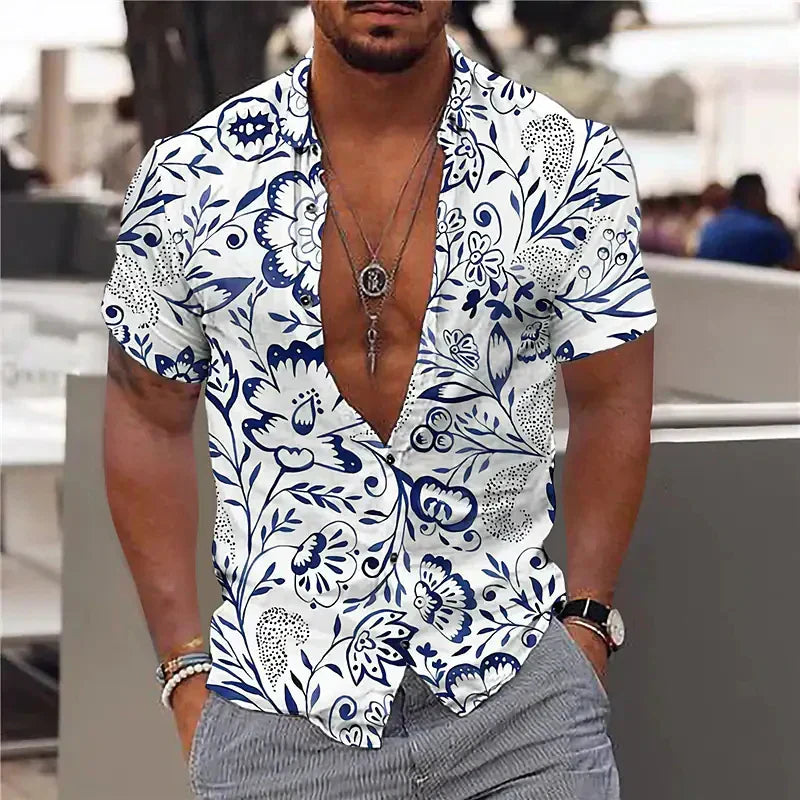 ALEJANDRO|Camisa de hombre con escote profundo y estampado estructurado