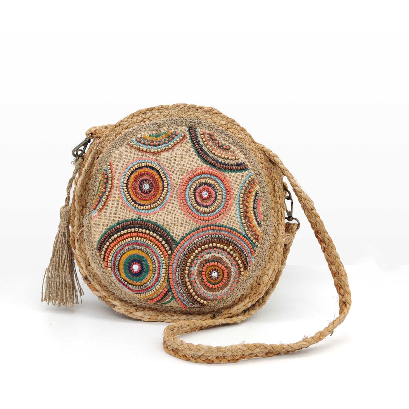 Bolso de yute redondo con abalorios Círculos