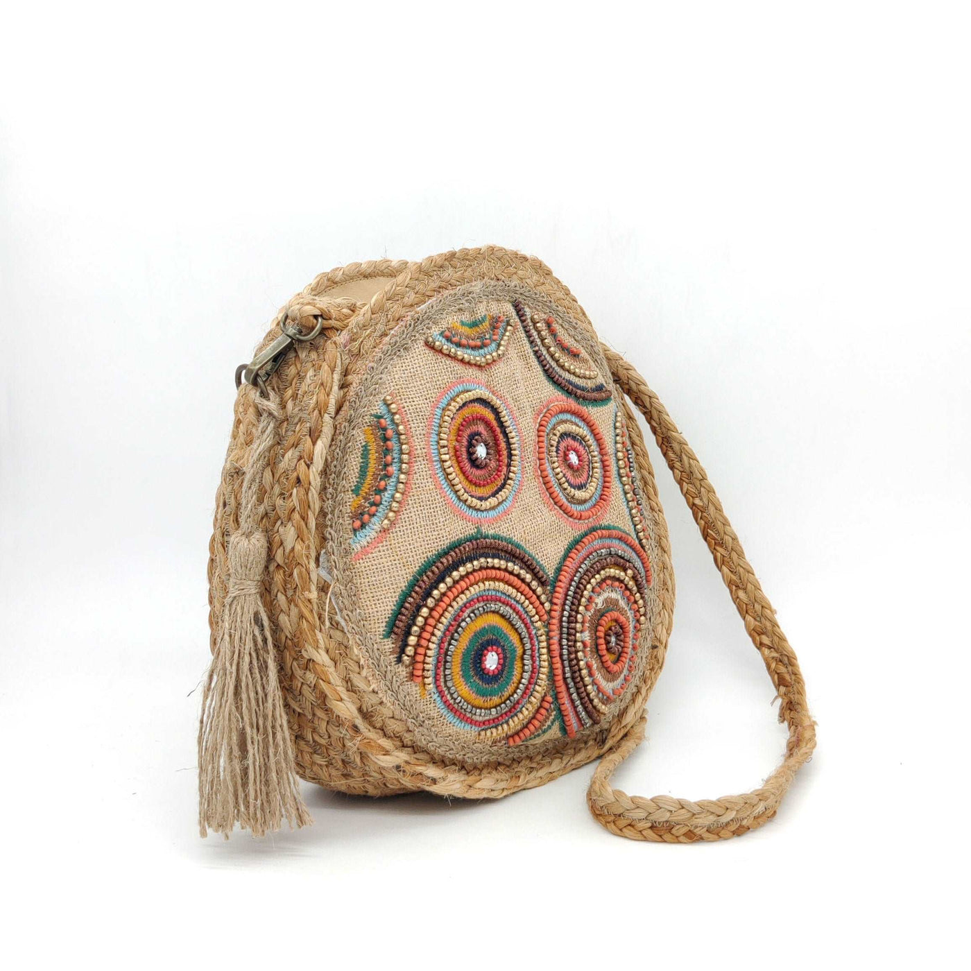 Bolso de yute redondo con abalorios Círculos