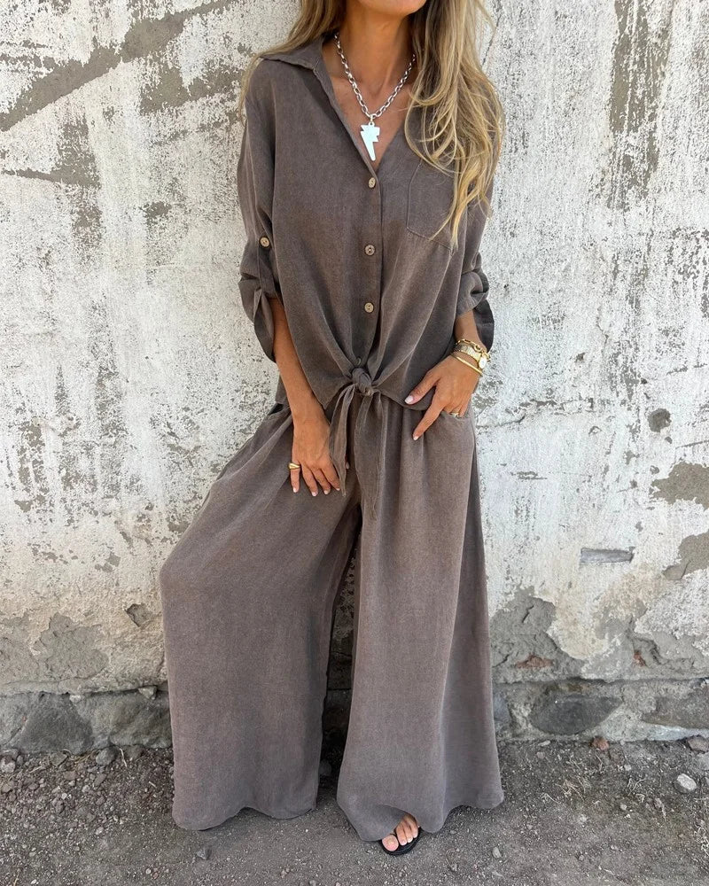Conjunto elegante de verano para mujer con pantalón amplio y blusa de manga larga abotonada