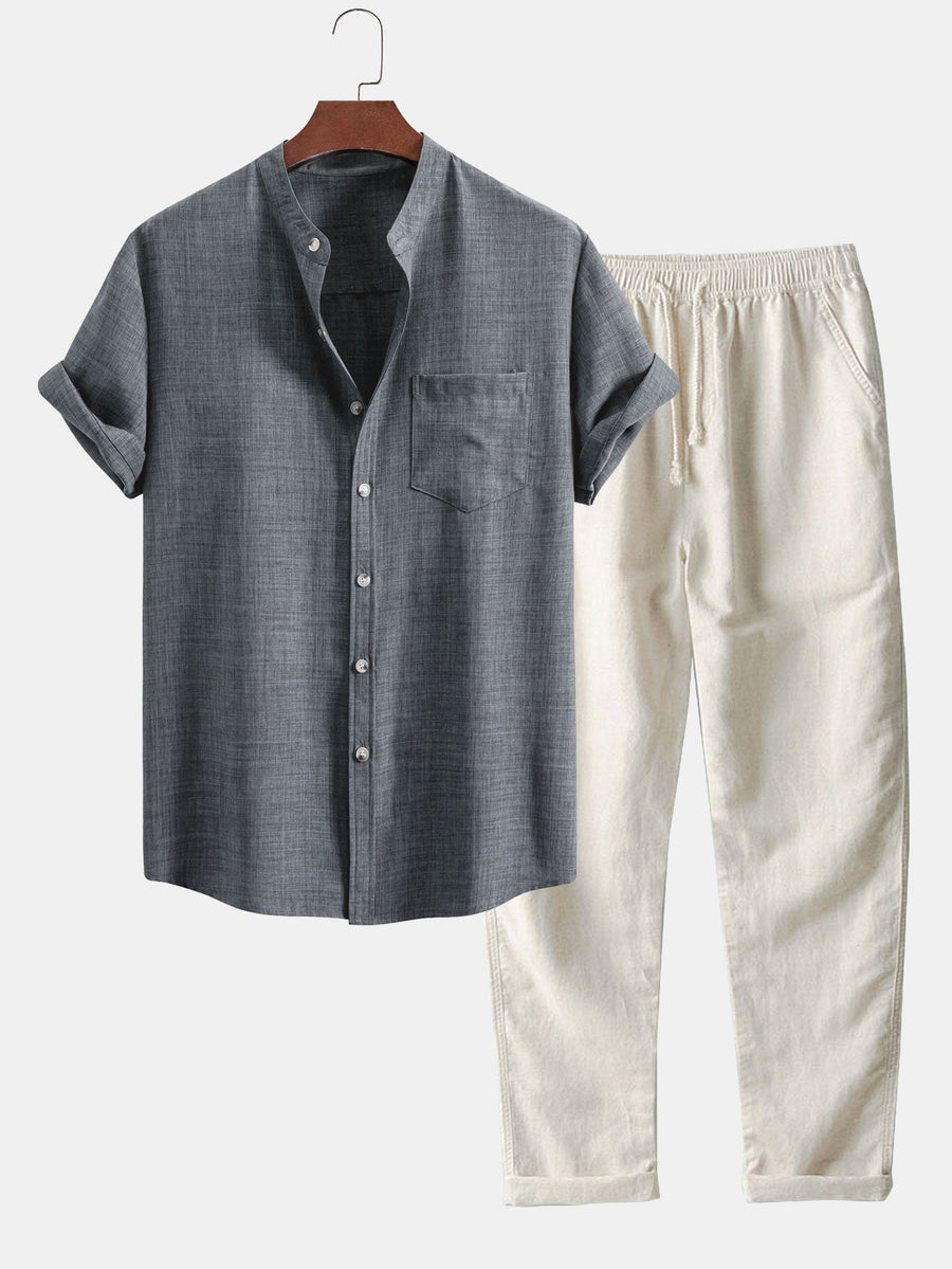ALEX| Conjunto para hombre con camisa de cuello mao de manga corta y pantalón recto casual