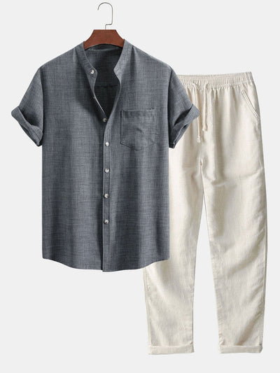 ALEX| Conjunto para hombre con camisa de cuello mao de manga corta y pantalón recto casual