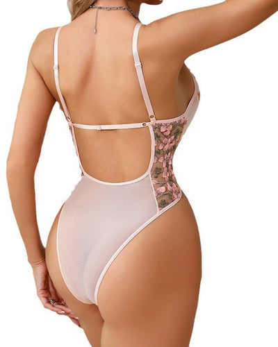 Body de malla con bordado de encaje sexy transparente sin espalda y con cordón ajustable