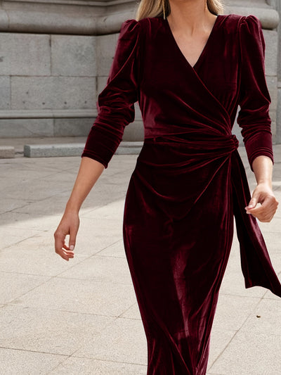 GISELA| Vestido cruzado de terciopelo - Cuello en V - Manga larga - Elegante lazo en la