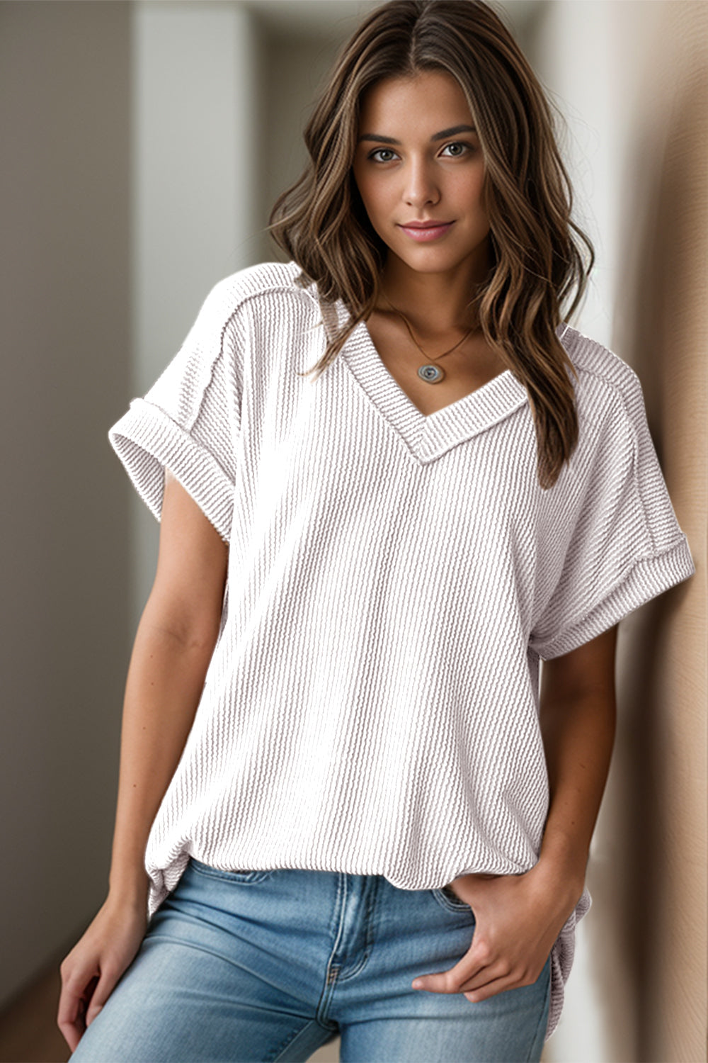 Blusa de mujer - Tejido texturizado - Cuello en V - Manga corta - Corte holgado