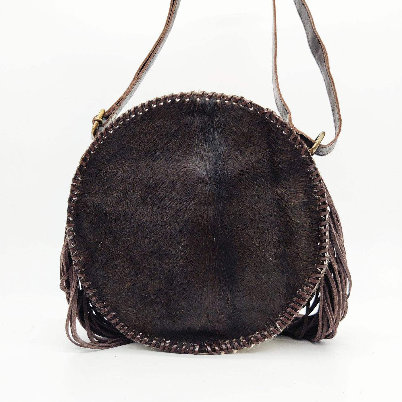 Bolso redondo de potro con flecos