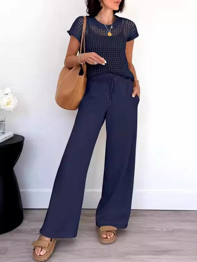 ALICIA- Top de punto abierto de estilo casual y pantalón de pata ancha
