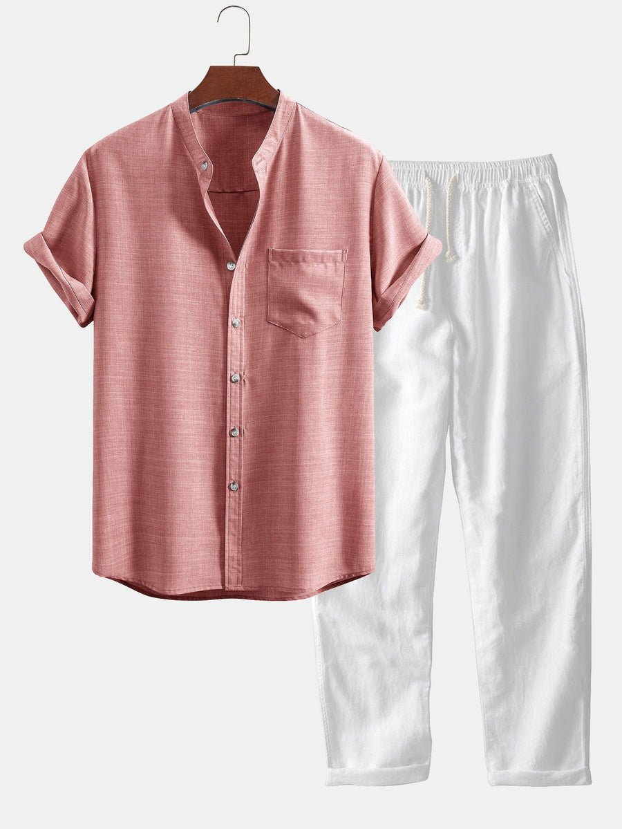 ALEX| Conjunto para hombre con camisa de cuello mao de manga corta y pantalón recto casual