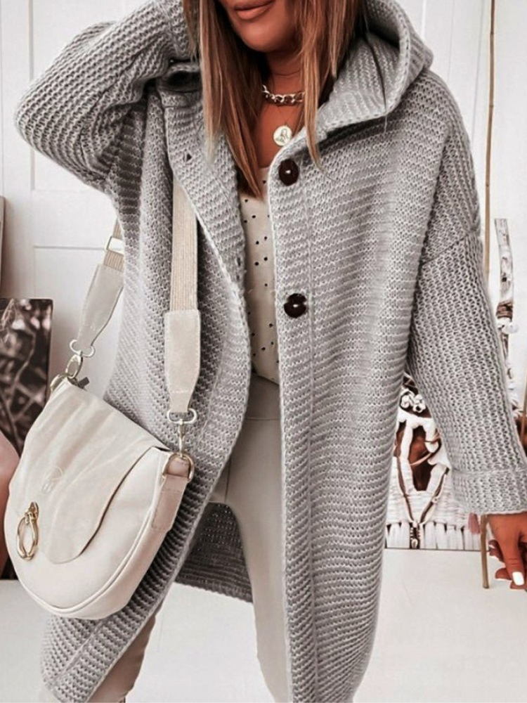 CARLA - Chaqueta larga informal de punto con capucha
