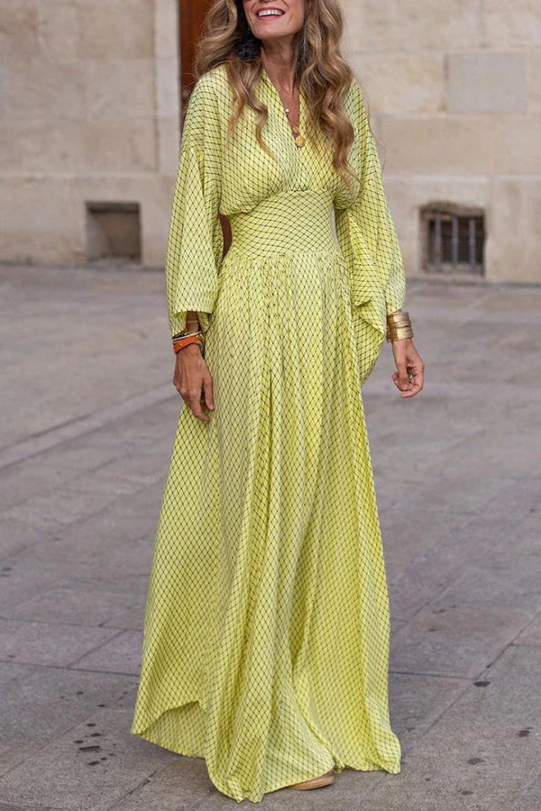 ANA|Vestido Largo Fluido con Estampado Geométrico – Elegancia Atemporal