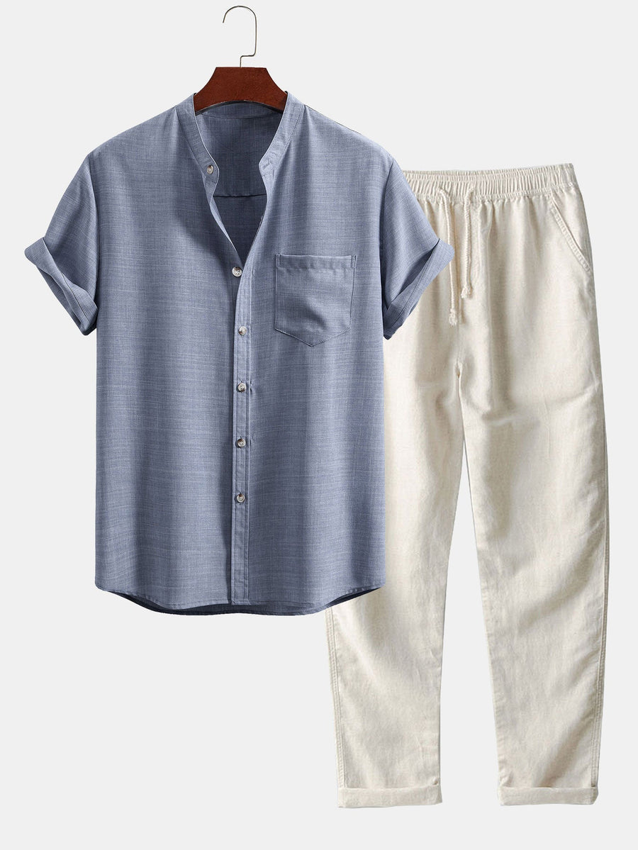 ALEX| Conjunto para hombre con camisa de cuello mao de manga corta y pantalón recto casual