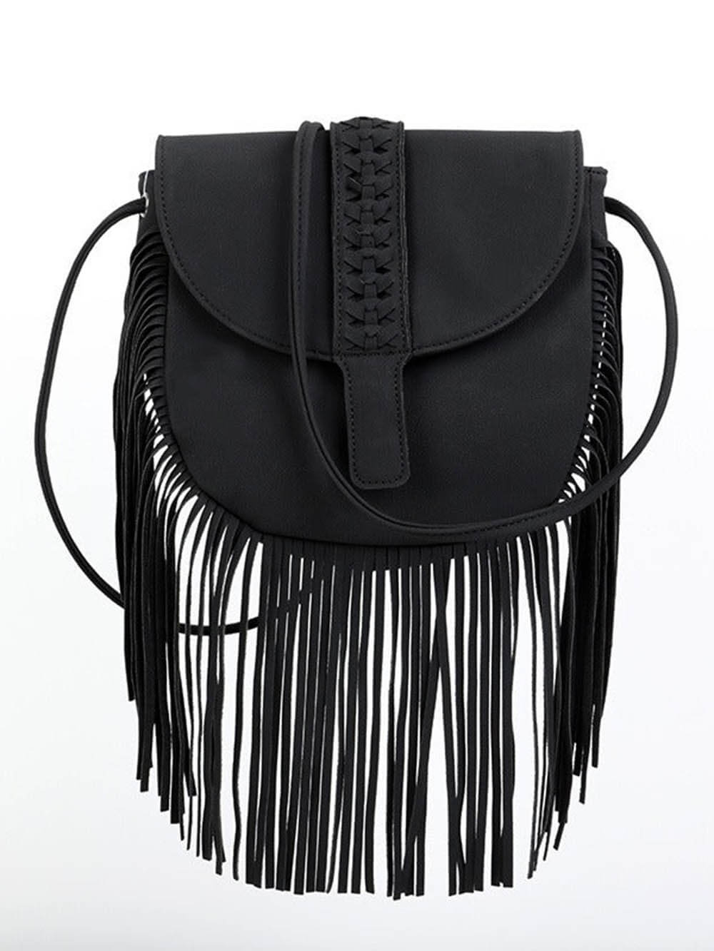 BOLSO BANDOLERA DE CUERO SEMICIRCULAR CON BORLAS