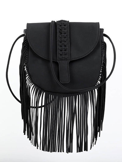 BOLSO BANDOLERA DE CUERO SEMICIRCULAR CON BORLAS