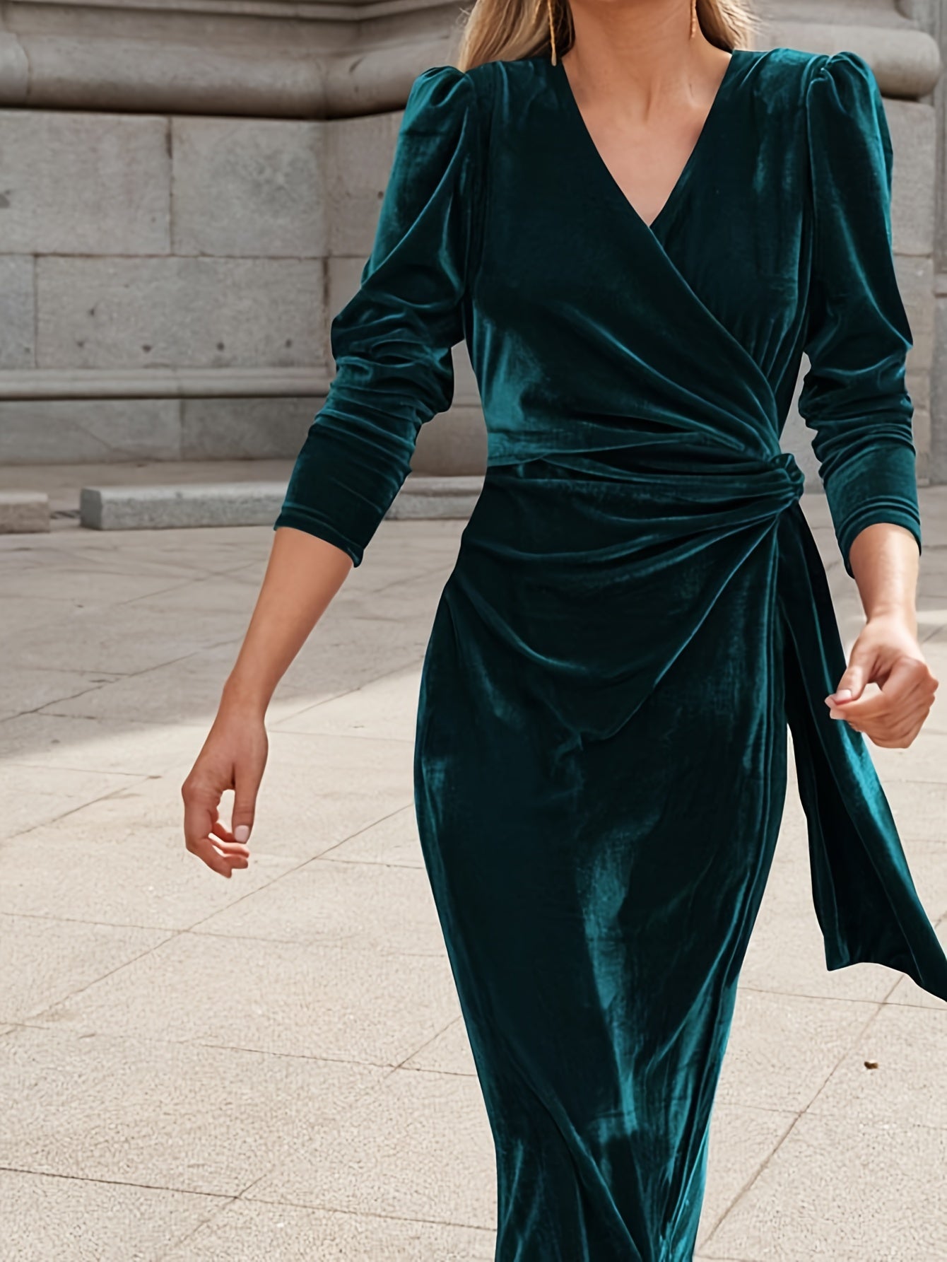 GISELA| Vestido cruzado de terciopelo - Cuello en V - Manga larga - Elegante lazo en la