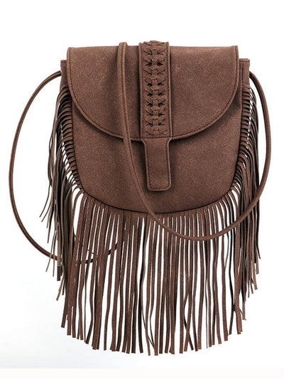 BOLSO BANDOLERA DE CUERO SEMICIRCULAR CON BORLAS