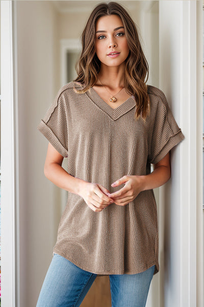 Blusa de mujer - Tejido texturizado - Cuello en V - Manga corta - Corte holgado