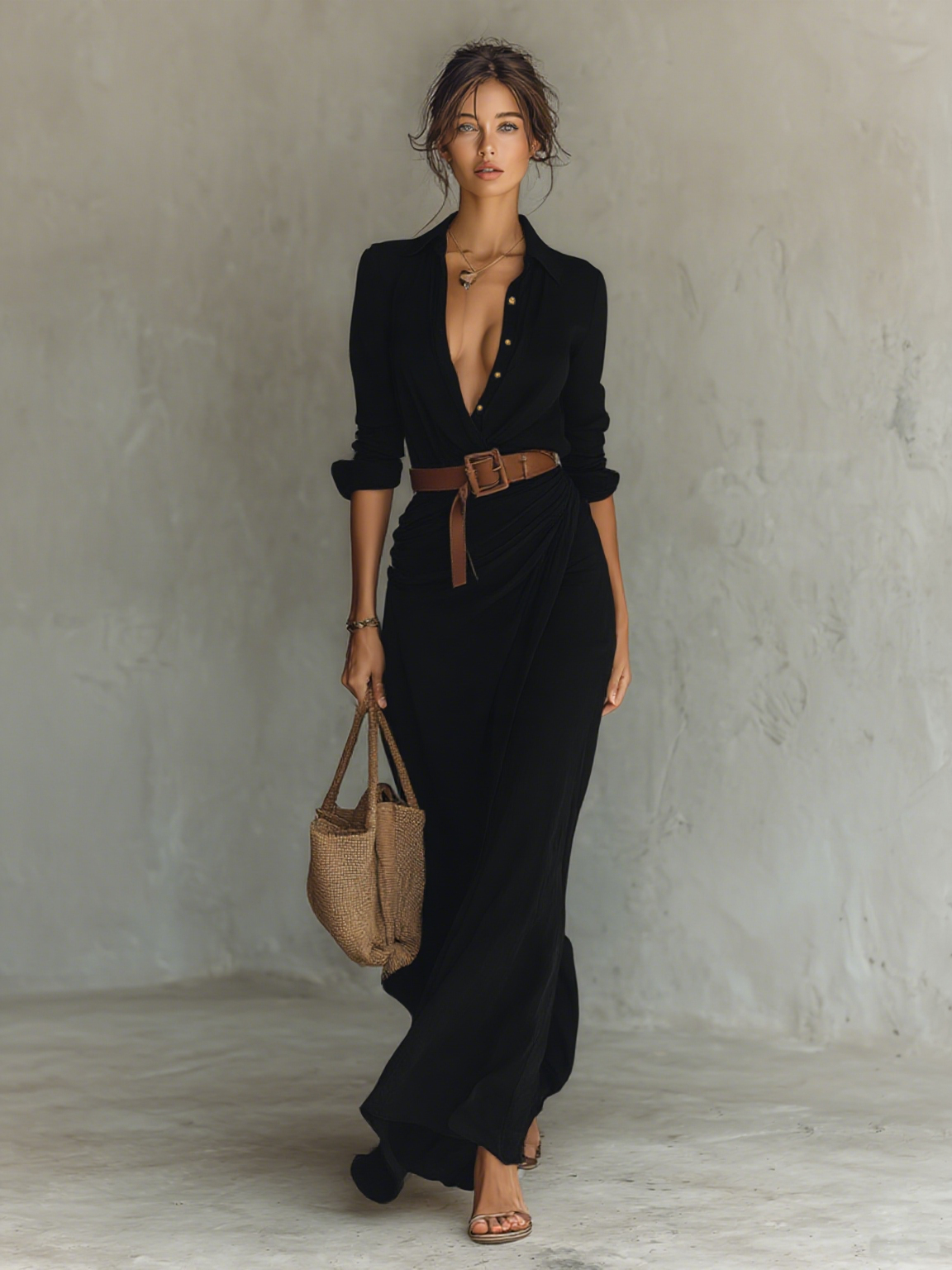 ALBA| Vestido Maxi Largo con Cuello de Solapa y Cintura Incluida