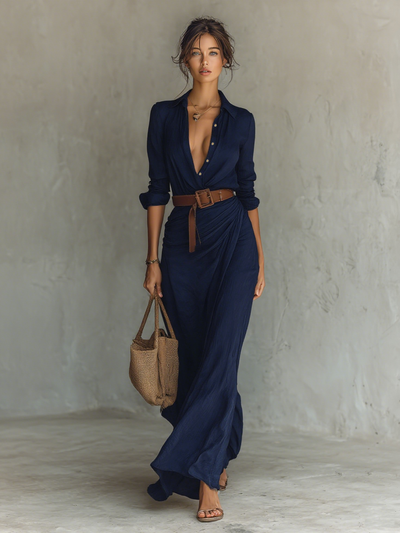 ALBA| Vestido Maxi Largo con Cuello de Solapa y Cintura Incluida