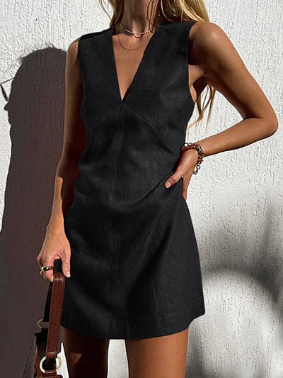 SUSAN| Vestido corto con escote en V, mezcla de algodón y lino, sin mangas, ligero y casual.
